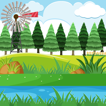 Wind turbine and pine trees on the hills illustrationのイラスト素材