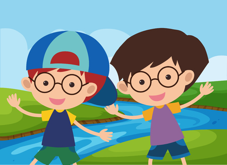 Two happy boys by the river illustrationのイラスト素材