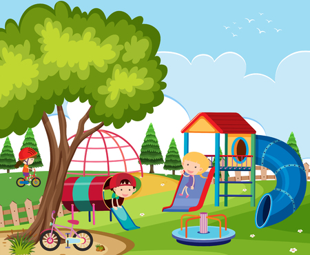 Happy children playing in playground illustrationのイラスト素材