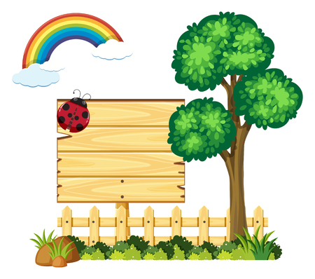 Wooden board in garden with tree and rainbow illustrationのイラスト素材