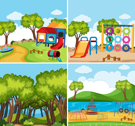 Four background scenes with playgrounds and forest illustrationのイラスト素材