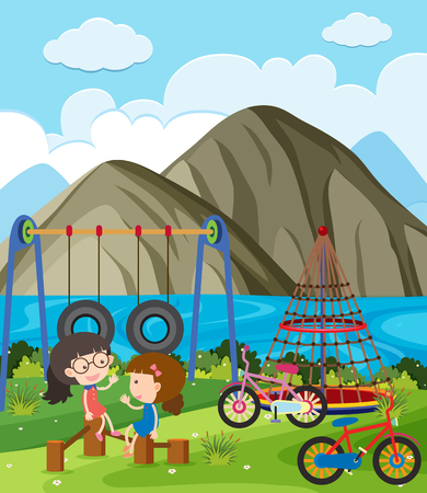 Two girls chatting in the playground by the lake illustration.のイラスト素材