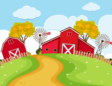 Farm scene with red barns and turbines illustrationのイラスト素材