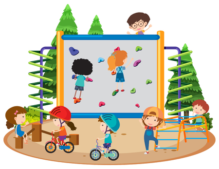 Many children riding bike and climbing wall in park illustrationのイラスト素材