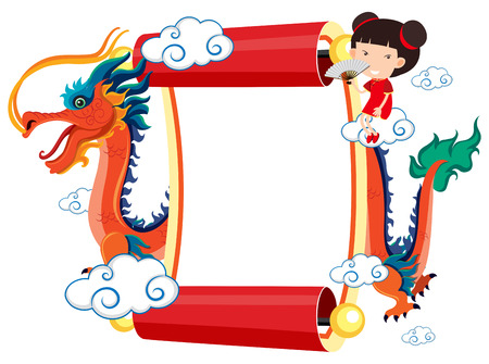Paper template with chinese dragon and girl illustrationのイラスト素材