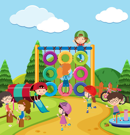Kids in the playground scene illustrationのイラスト素材