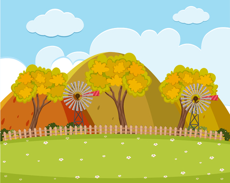 Nature scene with trees and turbines illustrationのイラスト素材