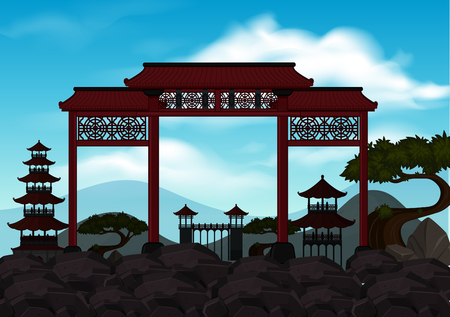 Background scene with chinese door on the rocks illustrationのイラスト素材