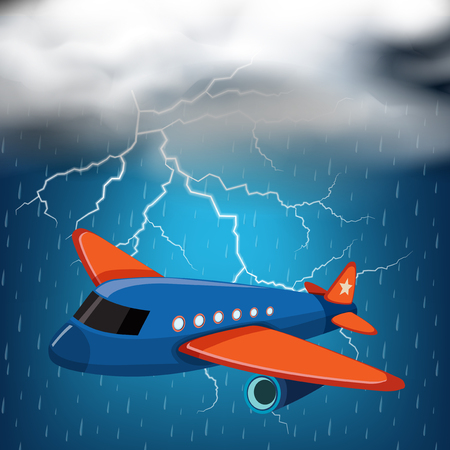 Airplane flying on stormy night with thunders and rain illustrationのイラスト素材
