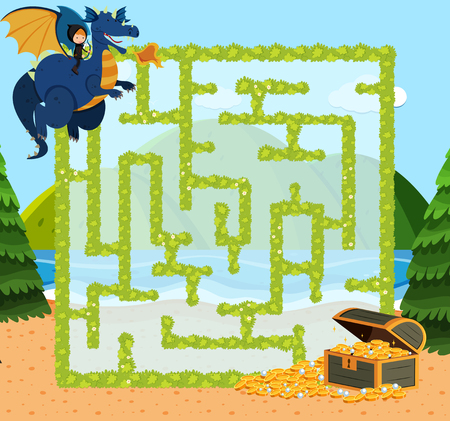 Maze game template with dragon and gold illustrationのイラスト素材