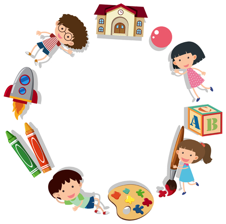 Border template with kids and school supplies illustrationのイラスト素材
