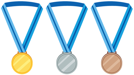 Three different color medals with blue ribbon illustrationのイラスト素材
