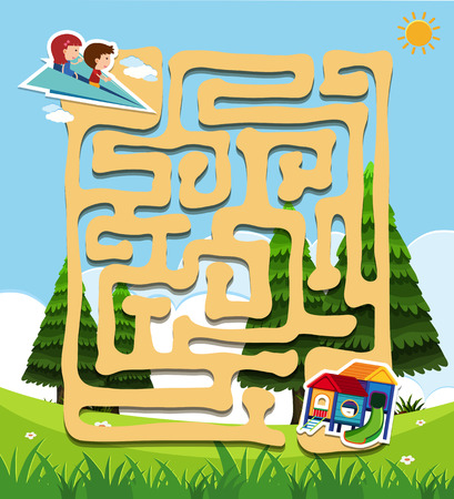 Maze game template with kids in park illustrationのイラスト素材