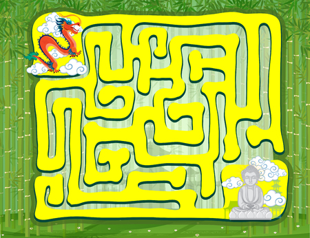 Puzzle game template with dragon and bamboo forest illustrationのイラスト素材
