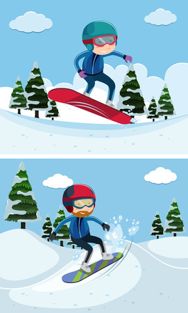 Two scenes with people snowboarding  illustrationのイラスト素材