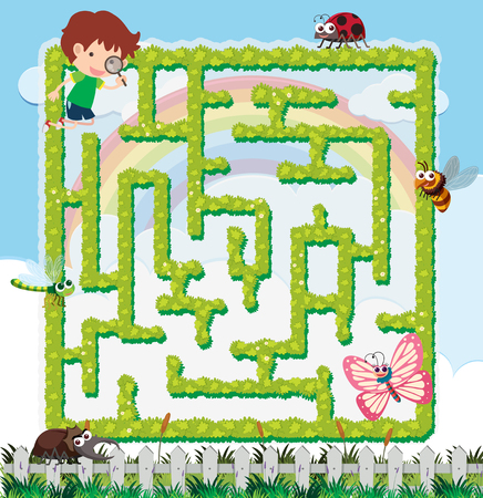 Puzzle game template with boy and many insects illustrationのイラスト素材