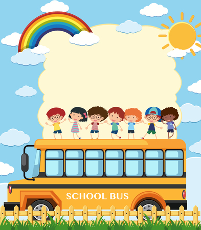 Border template with kids on school bus illustrationのイラスト素材