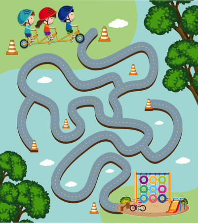 Maze game template with kids riding bike illustrationのイラスト素材