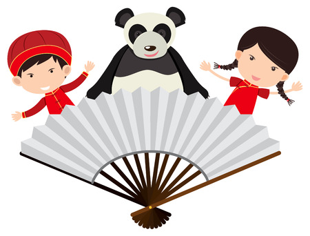 Chinese boy and girl with panda behind the fan illustrationのイラスト素材
