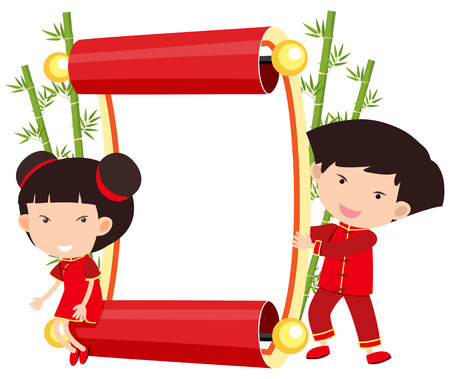 Banner template with chinese boy and girl illustrationのイラスト素材