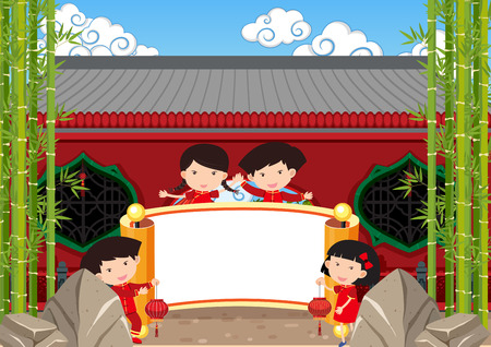 Banner template with chinese kids and red wall illustrationのイラスト素材