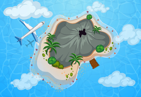 Aerial view of airplane flying over island illustrationのイラスト素材