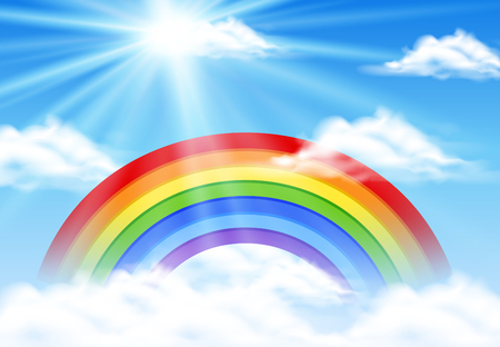 Colorful rainbow in blue sky illustrationのイラスト素材