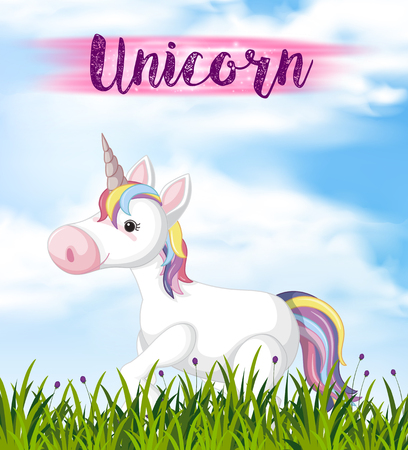 Cute unicorn walking in garden illustrationのイラスト素材