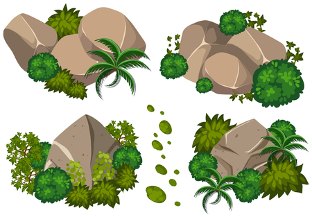 Four patterns of rocks and trees illustrationのイラスト素材