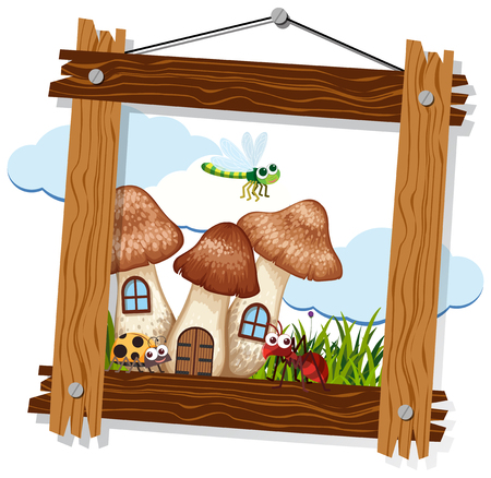 Bugs and mushroom house in wooden frame illustrationのイラスト素材