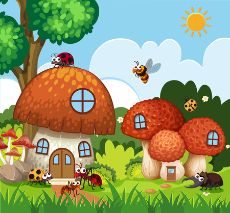 Many insects flying around mushroom house in garden illustrationのイラスト素材