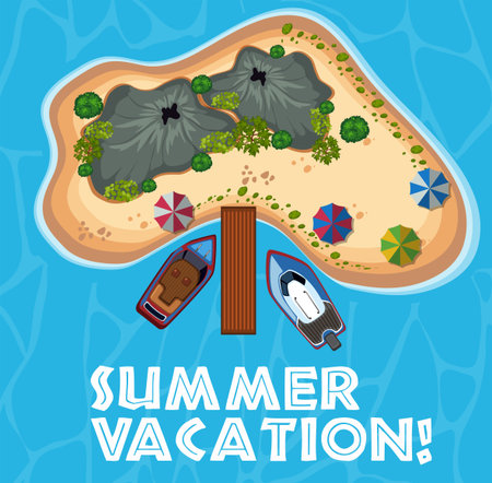Summer vacation theme with an island in the ocean illustrationのイラスト素材