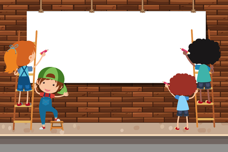 Banner design with kids on ladder illustrationのイラスト素材