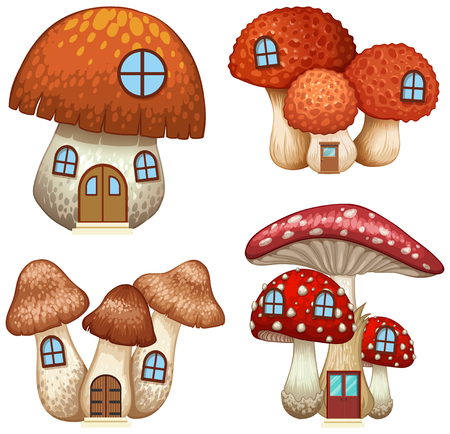 Four designs of mushroom houses illustrationのイラスト素材