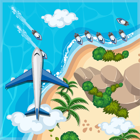 Aerial scene with airplane over the sea illustrationのイラスト素材