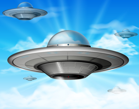 UFO flying in blue sky illustrationのイラスト素材