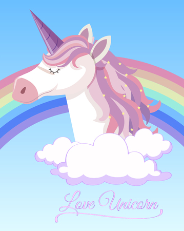 Poster design with unicorn and rainbow in sky illustrationのイラスト素材