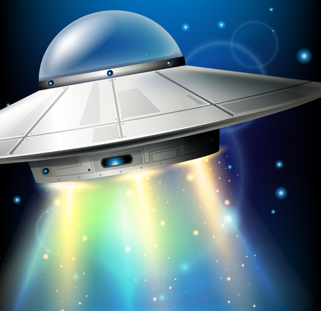UFO flying in dark space illustrationのイラスト素材
