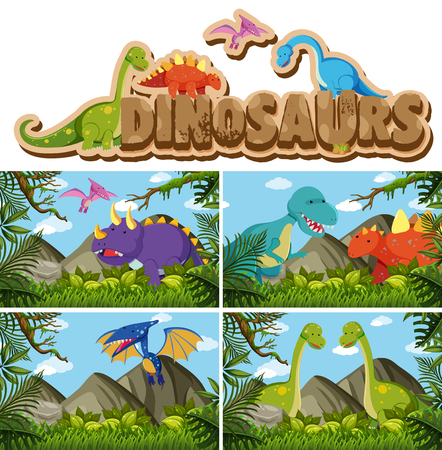 Different types of dinosaurs in jungle illustrationのイラスト素材