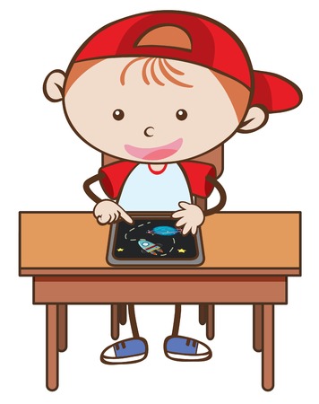 Doodle Kid Playing Tablet on White Background illustration.のイラスト素材