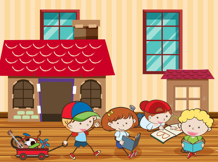 Doodle Kids Playing in Living Room illustration.のイラスト素材