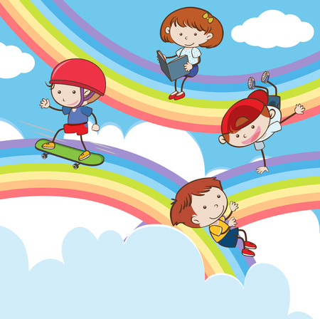 Doodle Kids Playing on Rainbow illustrationのイラスト素材