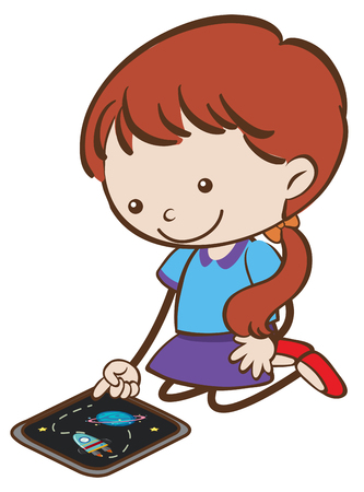 Doodle Kid Playing Tablet on White Background illustration.のイラスト素材