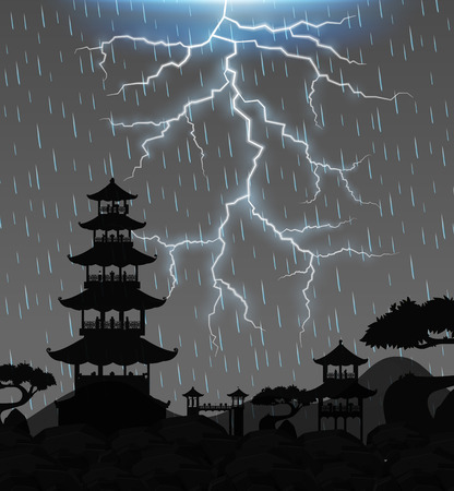 Thunderstorm at Night over Chinese Temple illustrationのイラスト素材