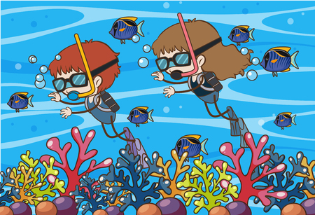 Doodle Kids Underwater Scuba Dive illustrationのイラスト素材