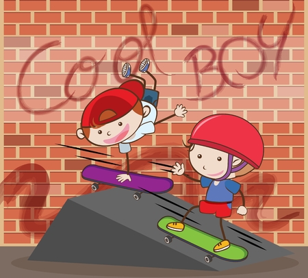 Urban Boy Skateboarding Brick Background illustrationのイラスト素材