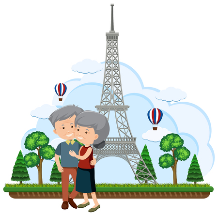 Elderly couple in front of the eiffel tower illustrationのイラスト素材