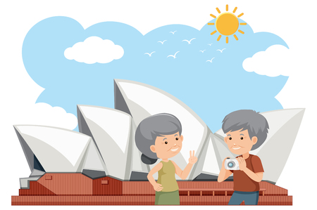Elderly couple outside Sydney opera house illustrationのイラスト素材