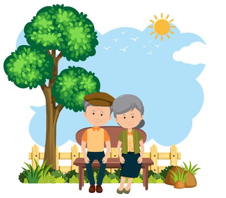 Elderly couple sitting on a bench illustrationのイラスト素材