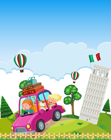 Car driving away from the tower of pisa illustrationのイラスト素材